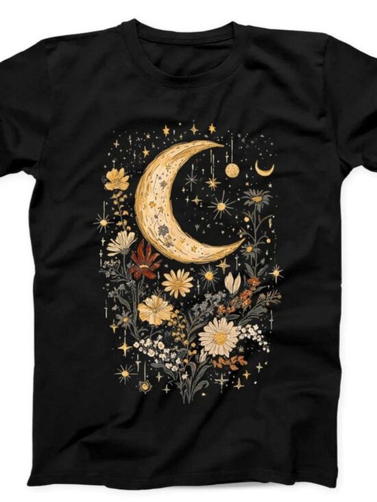 Tops - Celestial Moon Boho Flowers Best Seller Funny Gift Black Tee